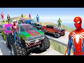 MONSTER TRUCKS CAS and Spiderman, Powers Rangers Team Mountain Hills Jump Challenge - GTA 5