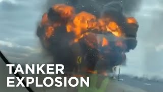 Huge Fire Erupts After Tanker Carrying Fuel Rolls Over