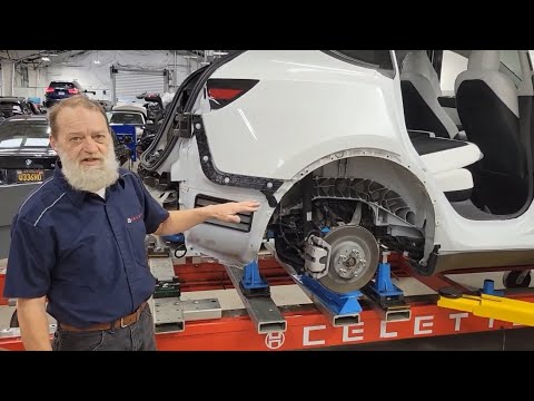 Benching damaged Tesla on Celette universal jigs with side gantry