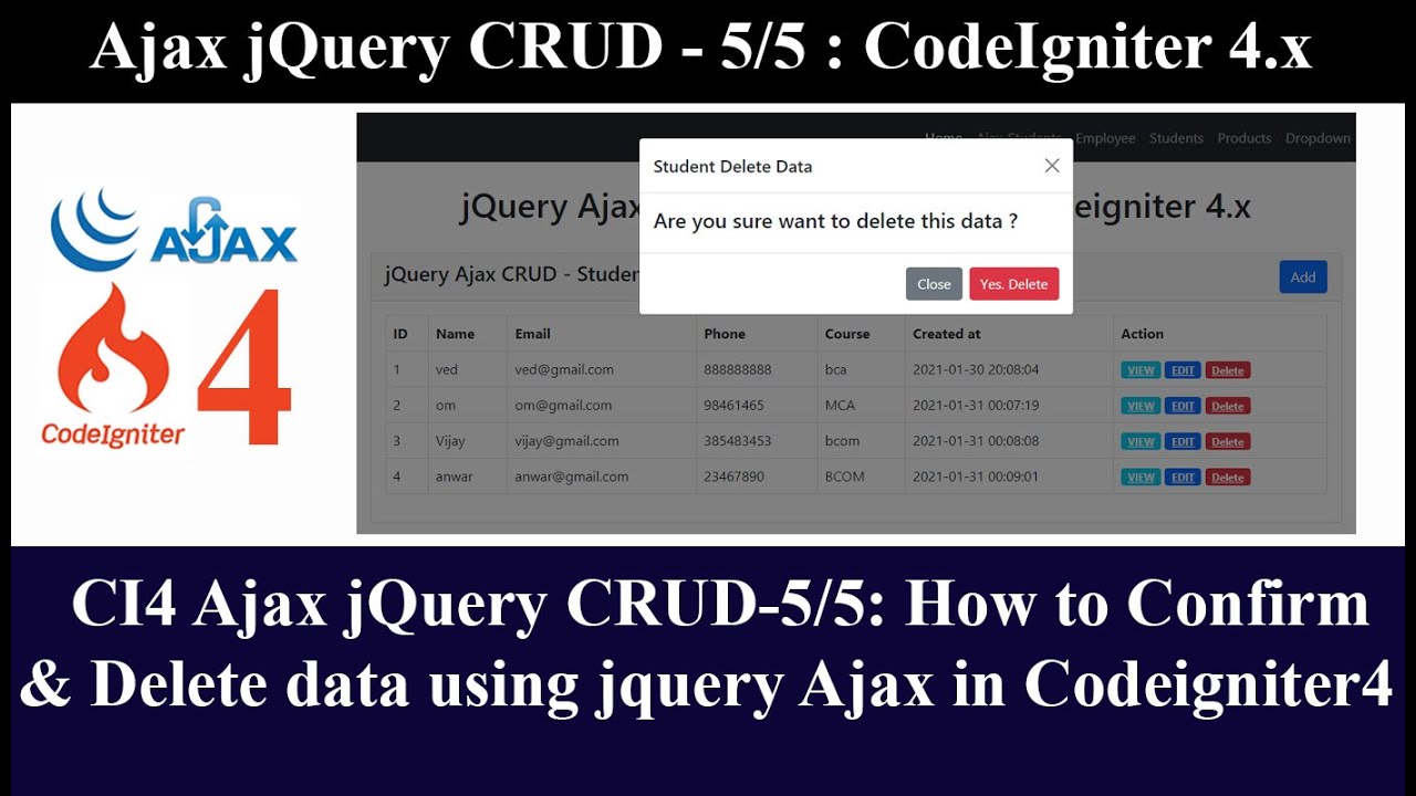 Ci4 Ajax Jquery Crud-5/5: How To Confirm  Delete Data By Id Using Jquery Ajax In Codeigniter 4