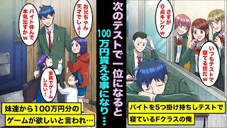 【漫画】成績順でクラスが決まる学校で、Fクラスの俺はSクラス女子に見下されていた…次のテストの1位になるとSクラス入りと100万円を贈呈される事になり貧乏で不眠不休で5つバイトをしている俺は・・・