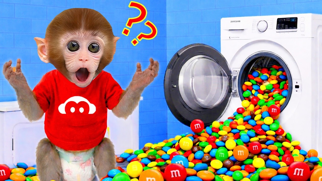 Mono TOTO ¡Lavadora de Juguete LLENA de M&M! Baño de Burbujas y Colores con Mono TOTO 🌈🛁 TOTO ESP