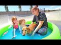 Slime swimming pool with my pet dog and baby niko and mom and barbie dream dolls