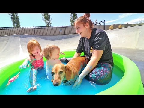 slime-swimming-pool!!-with-my-pet-dog-and-baby-niko-and-mom-and-barbie-dream-dolls!