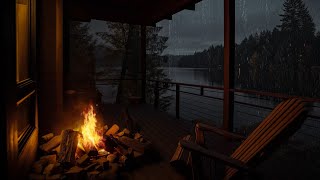 Rain Falls tonight in Cozy Cabin Porch with Relaxing Fireplace to Relaxing and Stress Relief