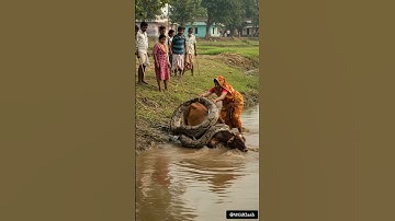 Woman Saves Cow From Giant Python Attack In River! #shorts