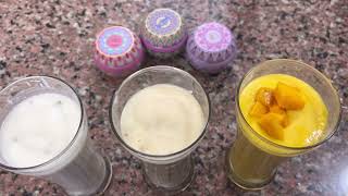 Summer cool Lassi in three flavours Mango Kesar Lassi;Royal Dates Lassi; Ginger Mint Salted Lassi