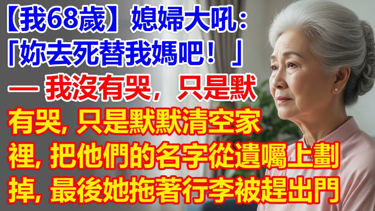 【我68歲】媳婦大吼：「妳去死替我媽吧！」— 我沒有哭，只是默默清空家裡，把他們的名字從遺囑上劃掉，最後她拖著行李被趕出門