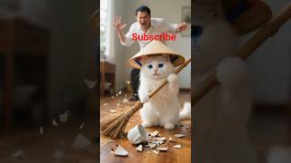 Fluffy kitten in hat clumsily sweeps up broken cup, hiccupping cutely.