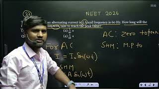 The peak value-of an alternating current is 5 A and frequency is 60 Hz . How long will the current,