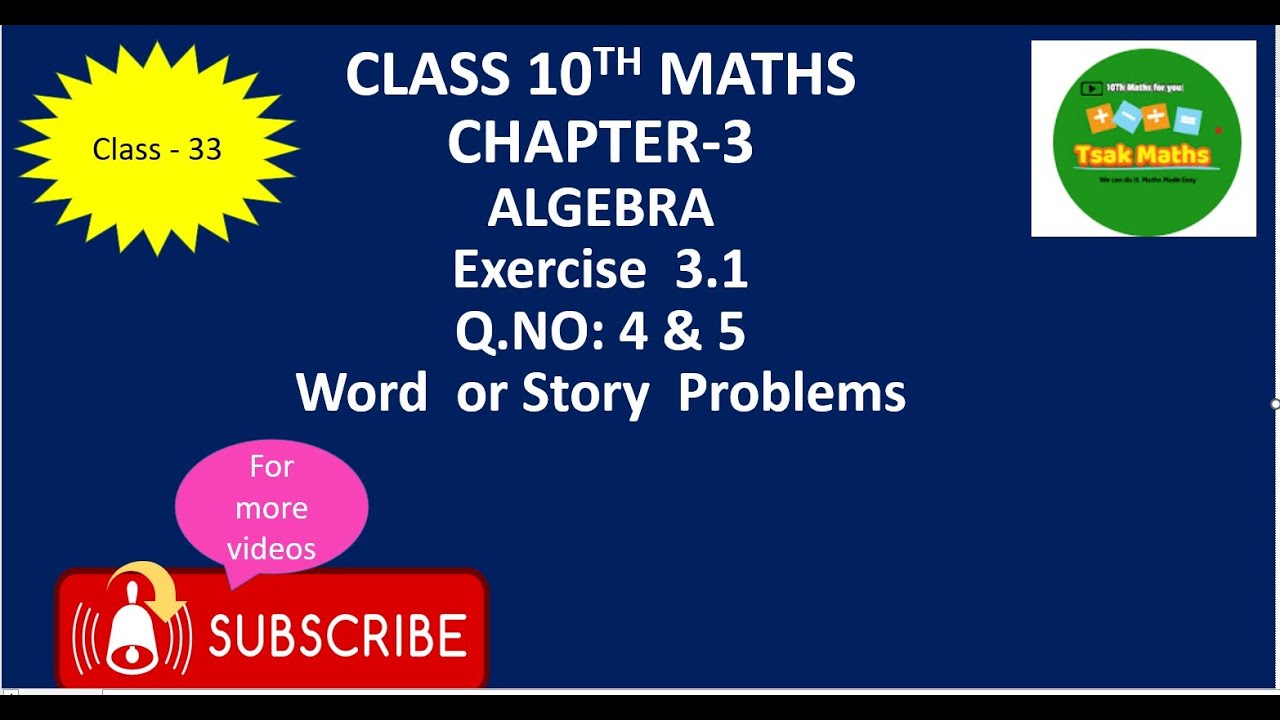 10th Maths Algebra Chapter -3 Exercise 3.1 Q.NO: 4 & 5 Word problems ...