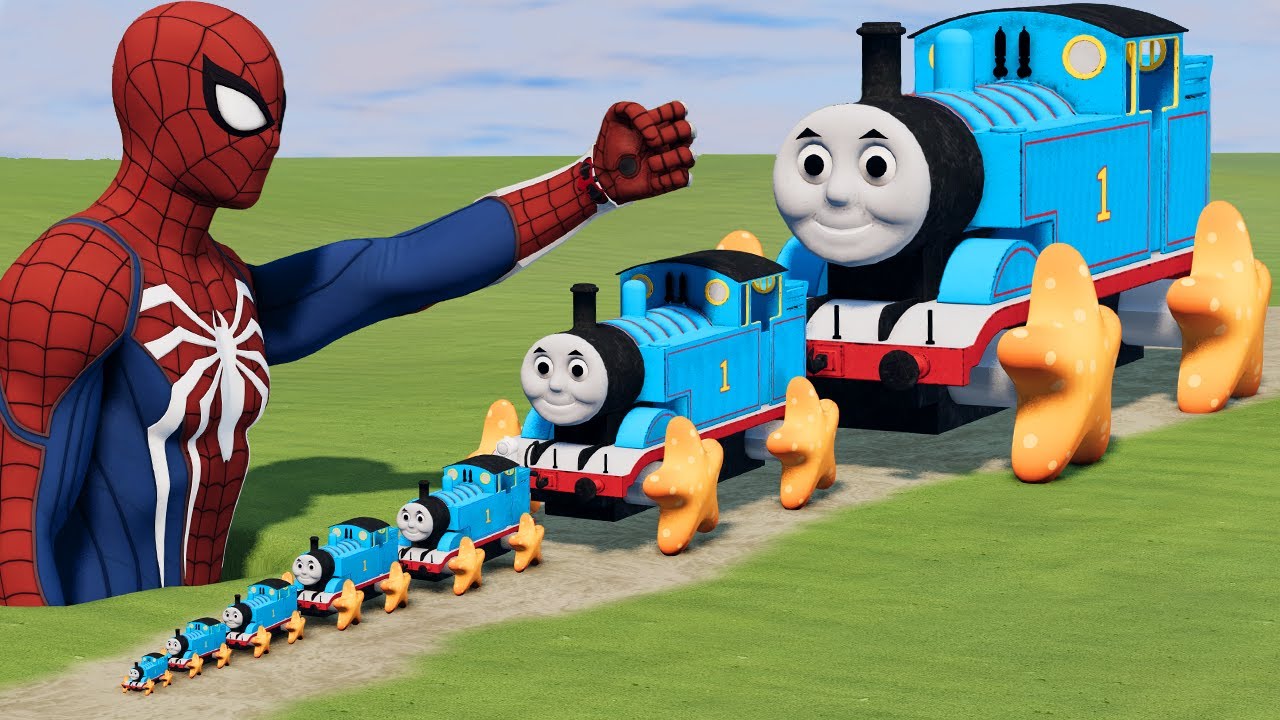 Big & Small Thomas the Tank Engine with Starfish Wheels vs Spider-Man's