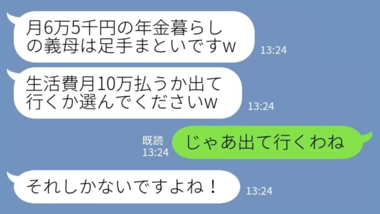 【LINE】年金6万5千円の私に同居嫁「生活費10万払うか出て行けw」私「じゃあ出て行くね」→義母を見下した嫁の末路ｗｗｗ