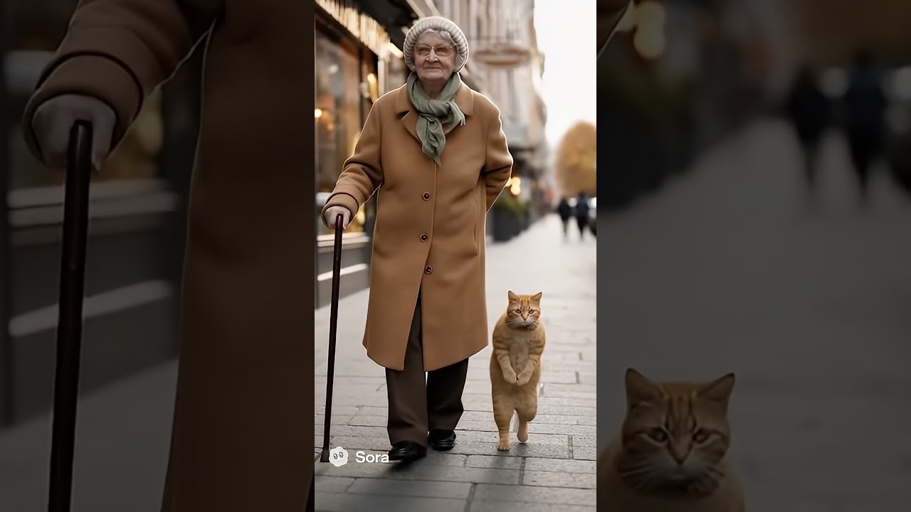 Grandma walking with cat 01