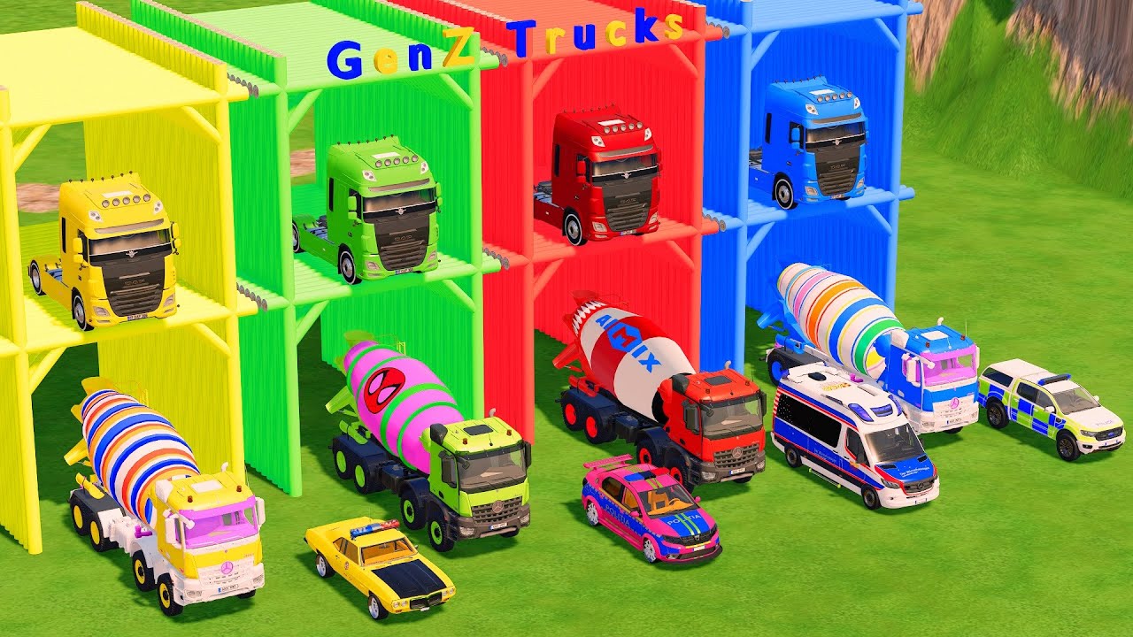 Garage with Colors - ALL MIXER TRUCK WITH DOUBLE FLATBED TRAILER! Emergency Vehicle, DAF - FS22 