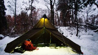 Solo camping in the snow | Hot tent and wood stove | Gyoza and grilled rice balls