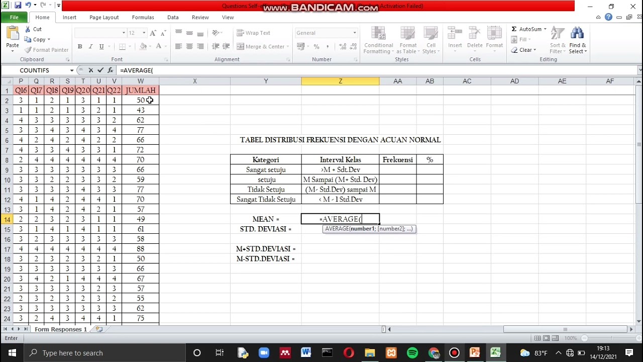 TUTORIAL MENGHITUNG TABEL DISTRIBUSI FREKUENSI DENGAN ACUAN NORMAL DARI DATA KUISIONER, KELOMPOK 1