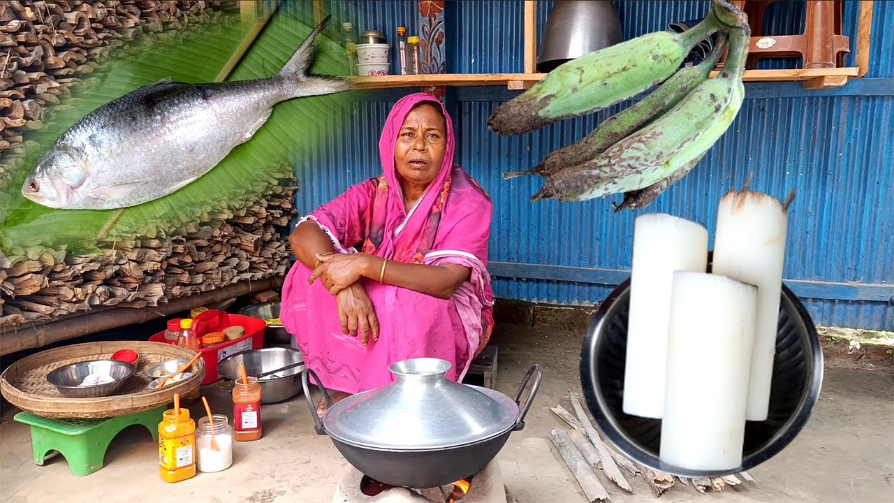 মায়ের হাতের কলার থোর ইলিশ রান্না সাথে কাঁচা কলা ইলিশ মাথা লেজ রেসিপি  Banana Stem Recipe । Lr poriba