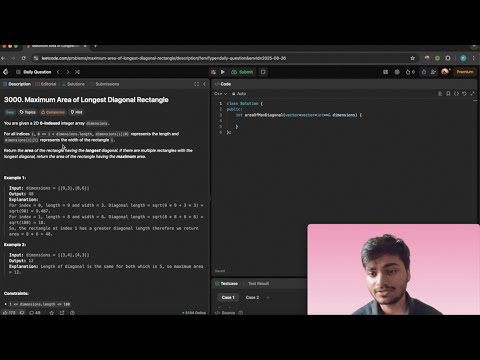 “LeetCode 3000 | Maximum Area of Longest Diagonal Rectangle | Easy C++ Solution Explained”