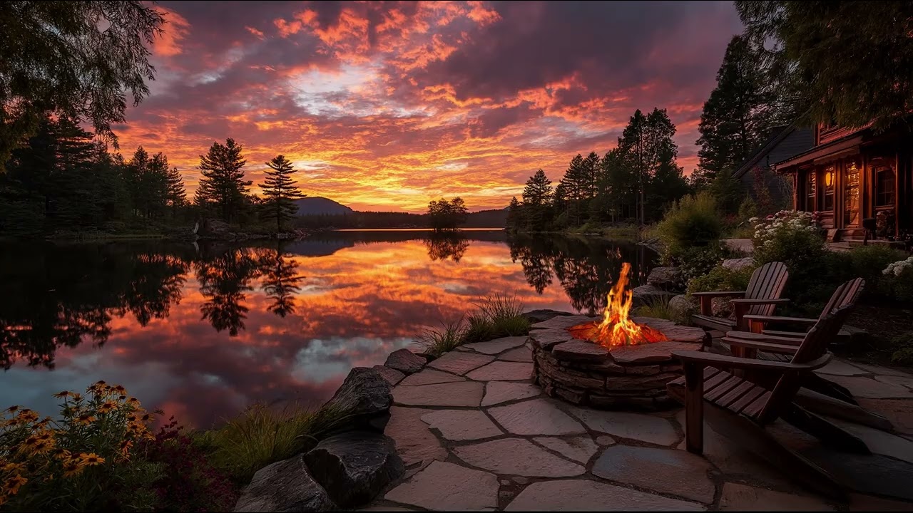 🔥 Cozy Lakeside Firepit at Sunset | Relaxing Cabin Ambience, Calm Water & Nature Sounds
