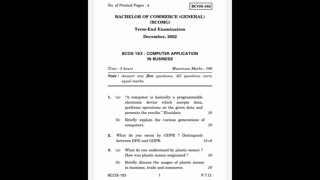 BCOS-183 Previous Year Question Paper ||bcos-183 Question Paper ||bcos-183 Important Questions IGNOU