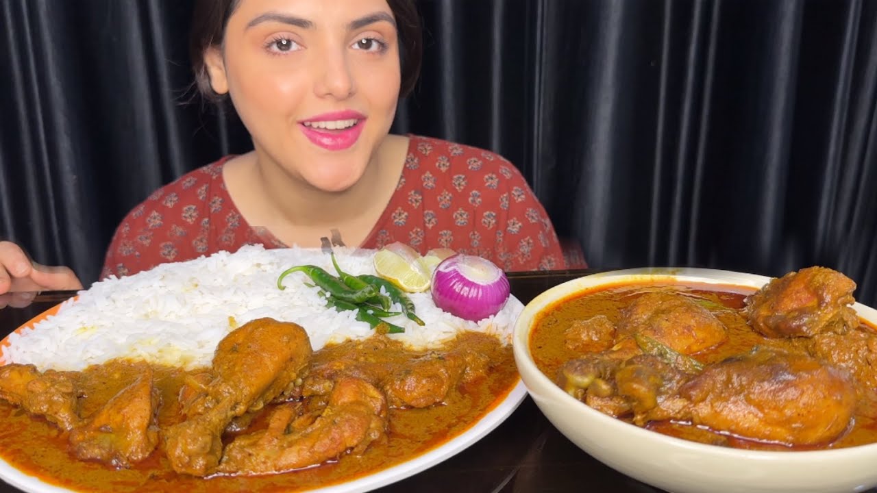 Eating Spicy Chicken Korma with Rice, Extra Gravy | Mukbang Eating Show 