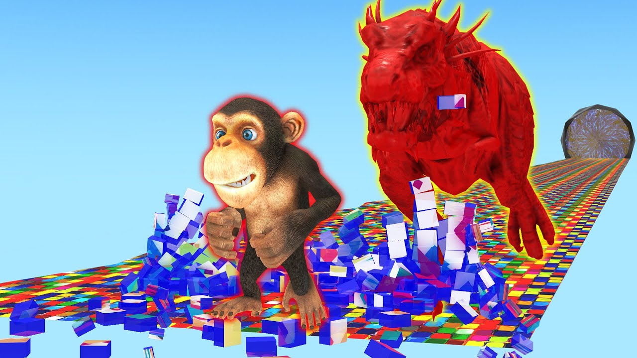Red T-Rex chasing funny Monkey in sky temple - YouTube