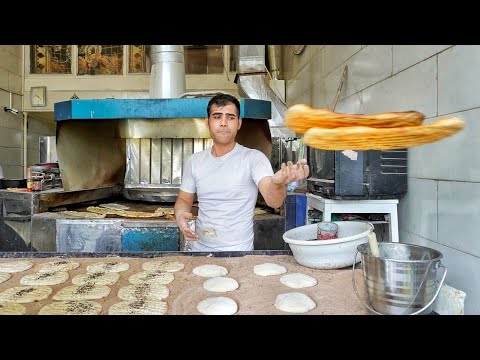 baking very delicious and popular Iranian bread called Barbari bread|bread baking