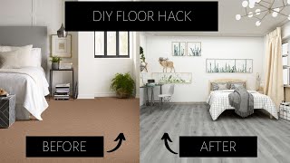 DIY FLOOR MAKEOVER- Peel & Stick Tile Over Carpet (RENTER FRIENDLY- BUDGET FRIENDLY)