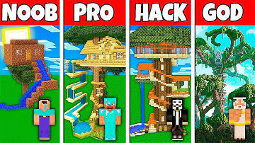Minecraft Battle: NOOB vs PRO vs HACKER vs GOD! TREE HOUSE WITH WATER SLIDE BUILD CHALLENGE