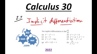 Calculus 30 2.7 Implicit Differentiation Mr. MathWell Lesson 2022