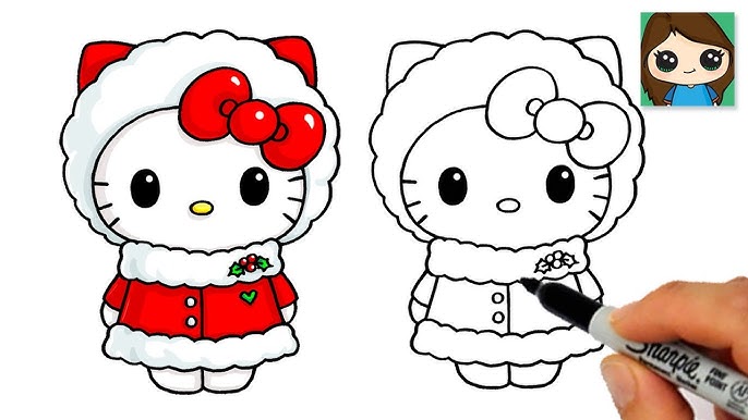 Hello Kitty drawing with love heart, How to draw Hello Kitty step by step
