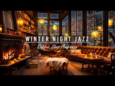 Late Night Snowfall in Cozy Bookstore Cafe Ambience with Warm Piano Jazz Music & Fireplace Sound to