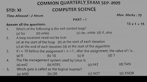 11th computer science Quarterly Exam original question paper 2025 