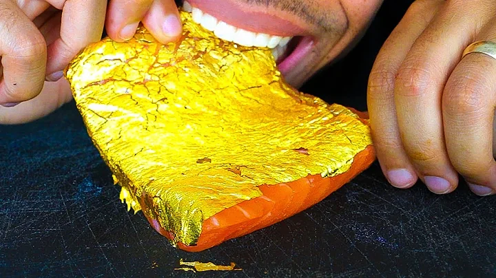 ASMR EDIBLE GOLD FOOD RAW SALMON SASHIMI *BIG BITE...