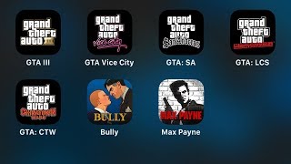 GTA III,GTA Vice City,GTA: San Andreas,GTA: Libery City Stories,Chinatown Wars,Bully,Max Payne