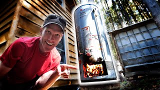 MacGyvered Hot Water Tank for Off Grid Cabin  Fire Burning