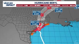 KHOU 11 team coverage of Hurricane Beryl's track to Texas, including timing and track