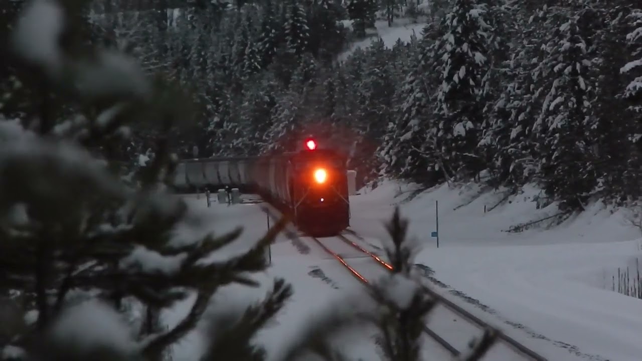 Two BNSF freight trains in Montana on a winter's evening...