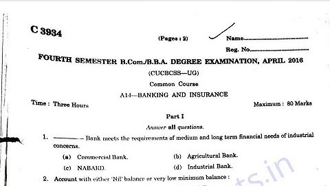 Banking and Insurance Official Question Paper 2016. B.com/BBA IV Semester. Calicut University