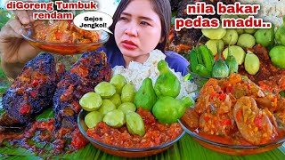 EATING, GRILLED TILA FISH, GEJOS JENGKOL, CHILI SAMBAL, RAW YOUNG JENGKOL, EGGPLANT, CHIAM PUMPKIN