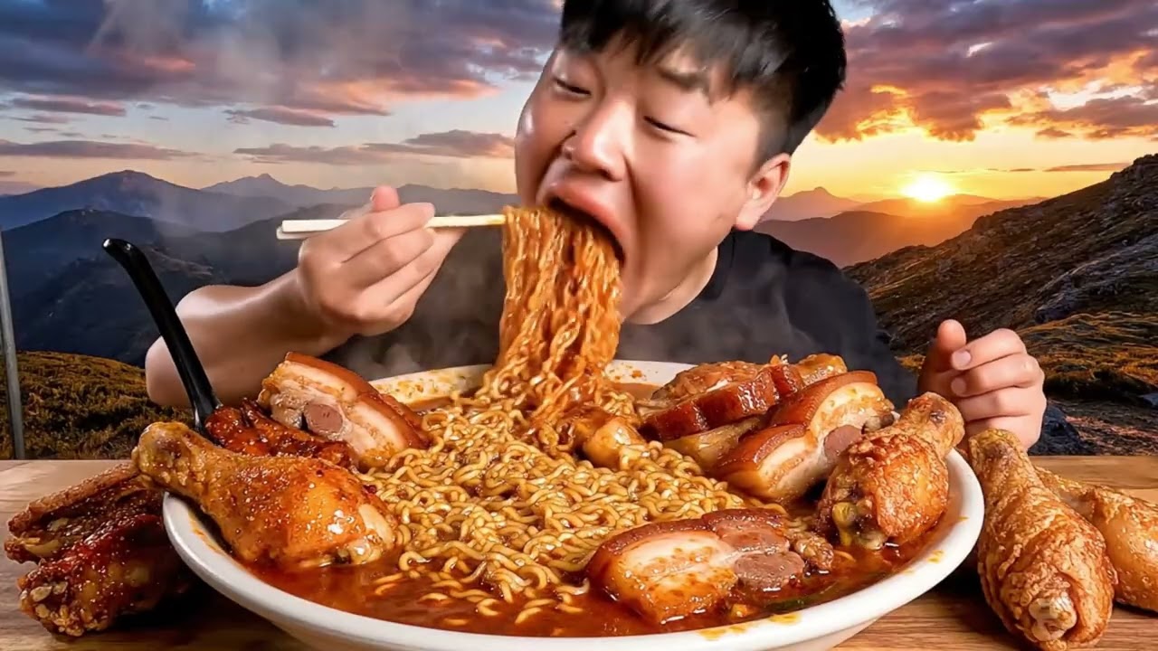 Sunset Feast: Gigantic Spicy Noodles and Crispy Chicken