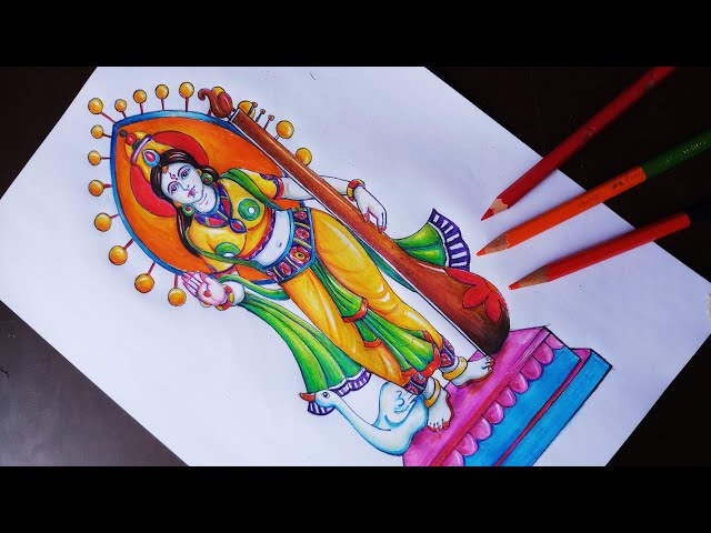how to cdraw saraswati devi,maa saraswati ful figer drawing,line art maa  saraswati devi step by step - YouTube