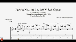 J S Bach - Partita No 1 in Bb, BWV 825 Gigue  - Guitar Tutorial   TAB