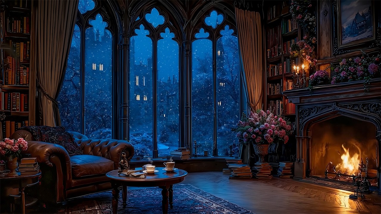 Quiet Winter Reading Room by Fireplace Ambience | Dark Academia Piano & Violin Music for Deep Focus