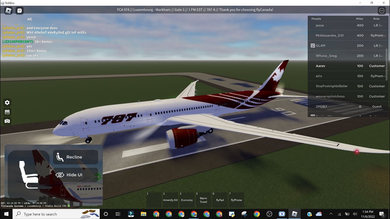 Roblox flyCanada Full Flight Boeing 787-8 Dreamliner (Economy) Luxembourg to Markham