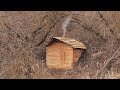 Building Bushcraft Survival Underground Shelter, Warm Stone Bed, Clay Fireplace, Catch and Cook