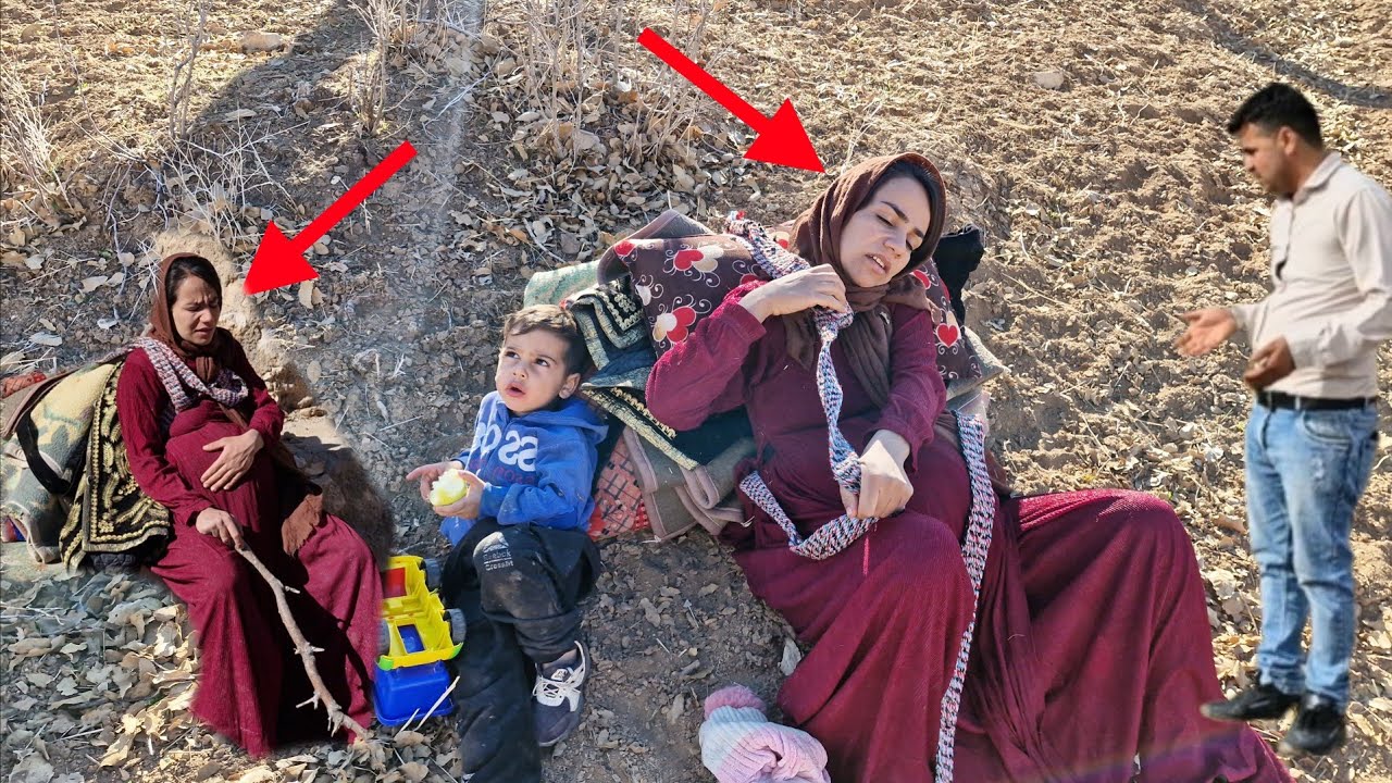 Pregnant nomadic woman wandering inthe heart of the mountains;emergency move to an unknown location😱