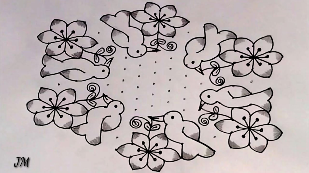 15*8 dots rangoli|creative flowers and birds rangoli|simple Pulli kolam|BY JM CREATIONS