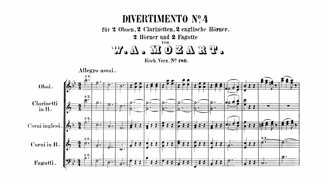 Mozart Divertimento No. 4 in Bflat major, K. 186/159b (with Score
